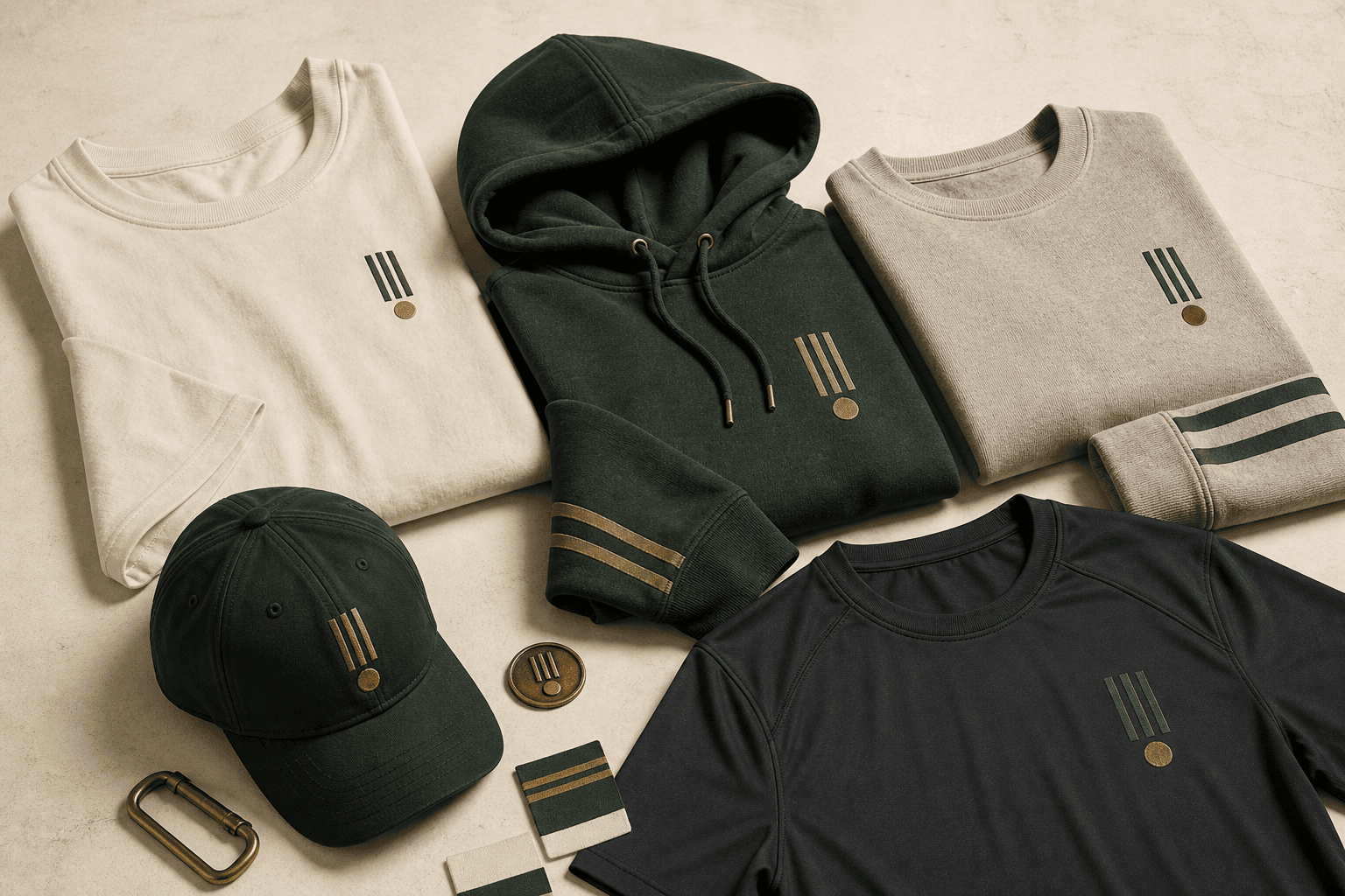 Fictional Bondmark demonstration merchandise collection with tees, fleece, and a cap.
